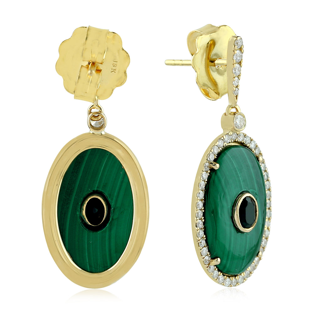 Oval Cut Malachite Bezel Set Spinel Pave Diamond Oval Dangler In Yellow Gold