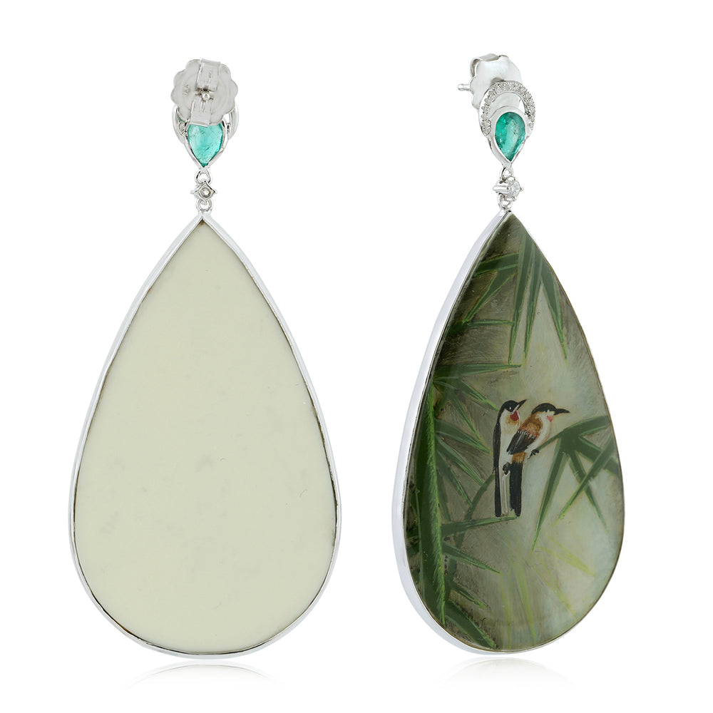 Picture Bakelite Bezel Set Emerald Pave Diamond Bird Drop Dangler In White Gold