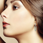 Prong Set Turquoise Pave Diamond Long Hoop Earrings In 18K White Gold