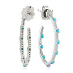 Prong Set Turquoise Pave Diamond Long Hoop Earrings In 18K White Gold