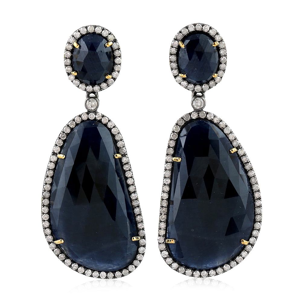 Prong Set Oval Unshaped Blue Sapphire & Diamond Dangle Earrings 18k Gold 925 Silver Women Jewelry