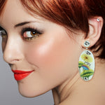 Butterfly Picture Bakelite Prong Diamond Enamel Dangle Earrings In 18K Yellow Gold