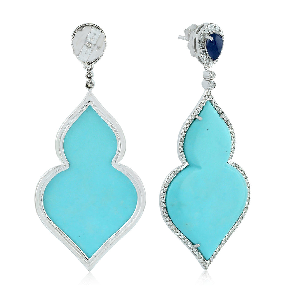 Turquoise Pear Cut Blue Sapphire Pave Diamond Designer Dangler In 18K White Gold