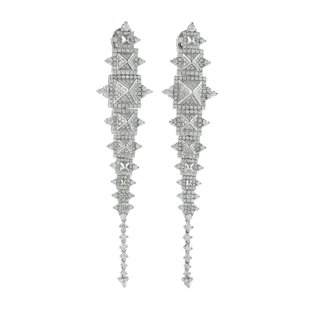 Natural Diamond Micro Pave Snow Drop Dangle Earrings In 14K White Gold For Christmas Gift