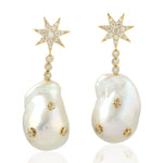 Micro Pave Diamond Pearl Chinese Nugget Star Design Danglers In 18k Yellow Gold For Her