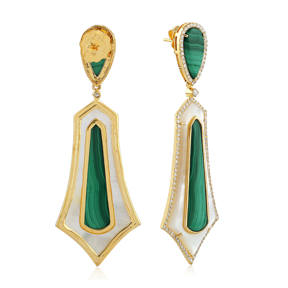 18K Solid Gold Pear Cut Malachite Fancy MOP Prong Diamond Designer Dangler Handmade Jewelry