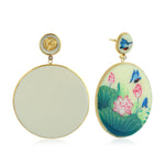 Picture Bakelite Gold Prong Diamond Floral Bird Round Dangle In 18K Yellow Gold