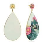 Picture Bakelite Gold Prong Diamond Floral Bird Drop/Dangle In 18K Yellow Gold