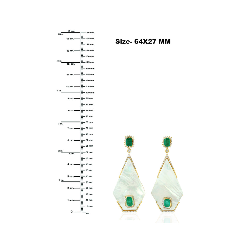 Fancy MOP Prong Emerald Pave Diamond Geometric Dangle Earrings In 18K Yellow Gold