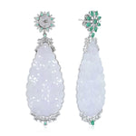 18K White Gold Drop Carved Jade Pear Emerald Baguette Diamond Wedding Dangler Jewelry