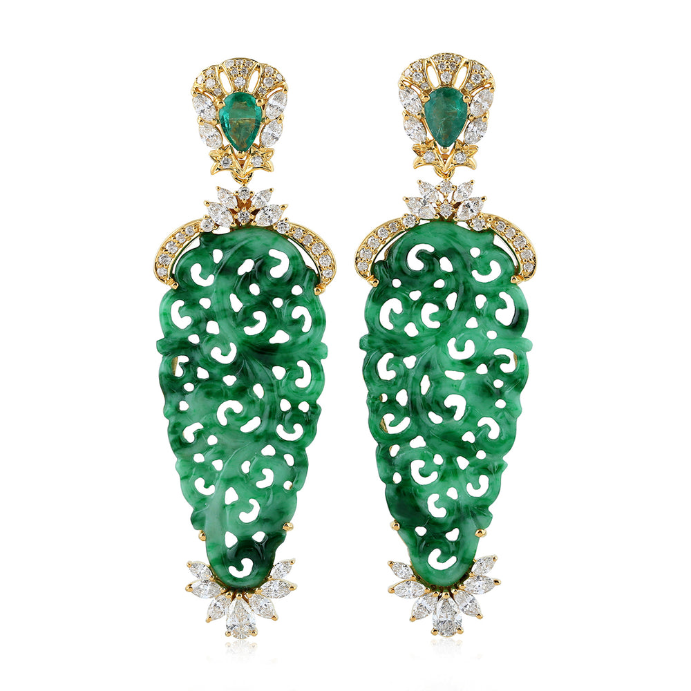 Carved Green Jade Pear Emerald Rose Cut Diamond Wedding Danglers 18K Gold Jewelry For Her