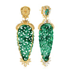 Carved Green Jade Pear Emerald Rose Cut Diamond Wedding Danglers 18K Gold Jewelry For Her