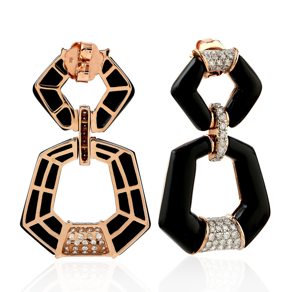 18K Rose Gold Fancy Cut Onyx Pave Diamond Geometric Dangler For Her