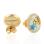 Oval Cut MOP Pave Diamond Picture Enamel Butterfly Stud Earrings In Yellow Gold