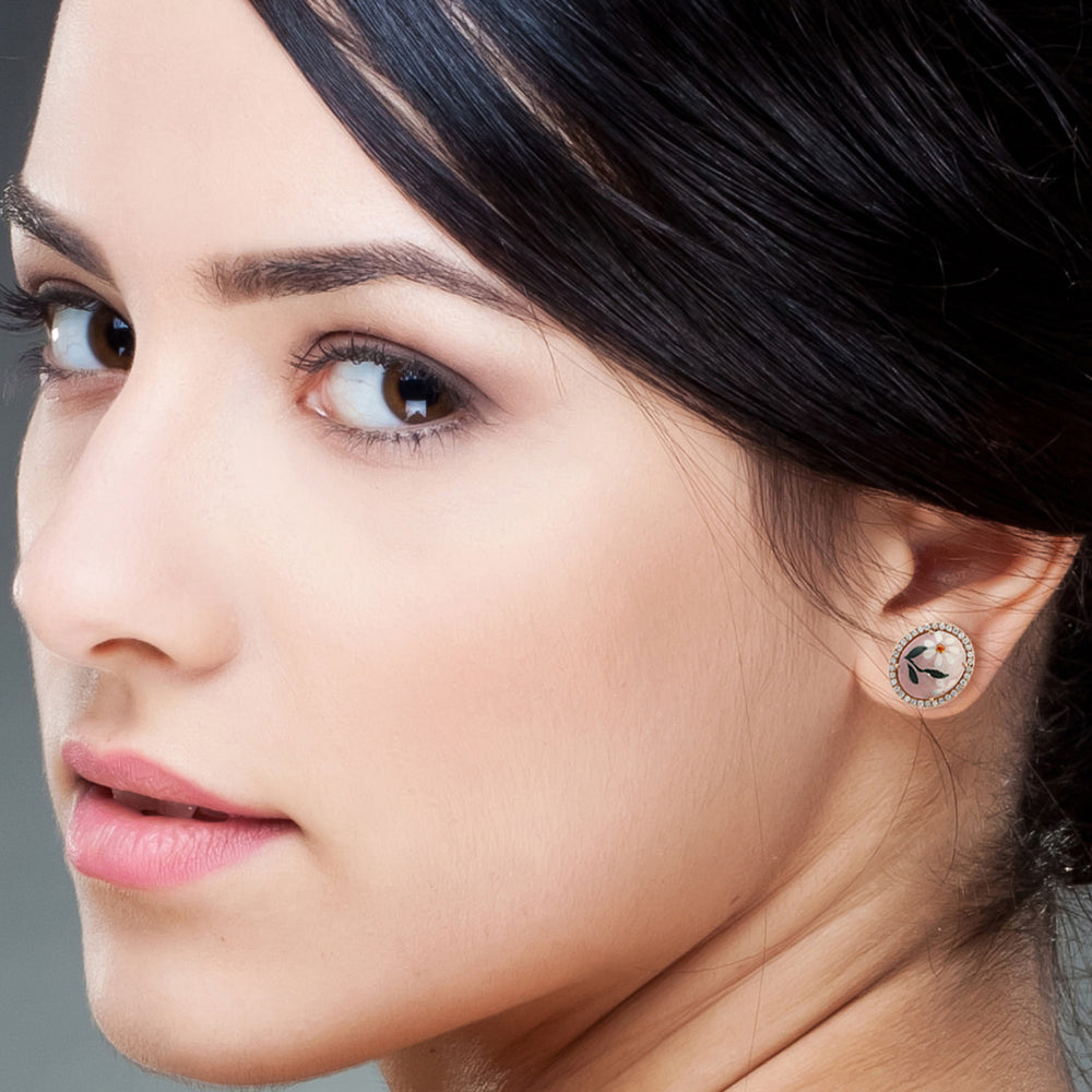 18K Rose Gold Pave Diamond Round Cut MOP Enamel Stud Earrings