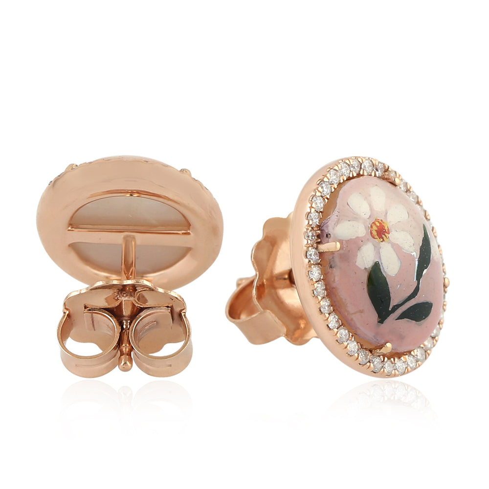 18K Rose Gold Pave Diamond Round Cut MOP Enamel Stud Earrings