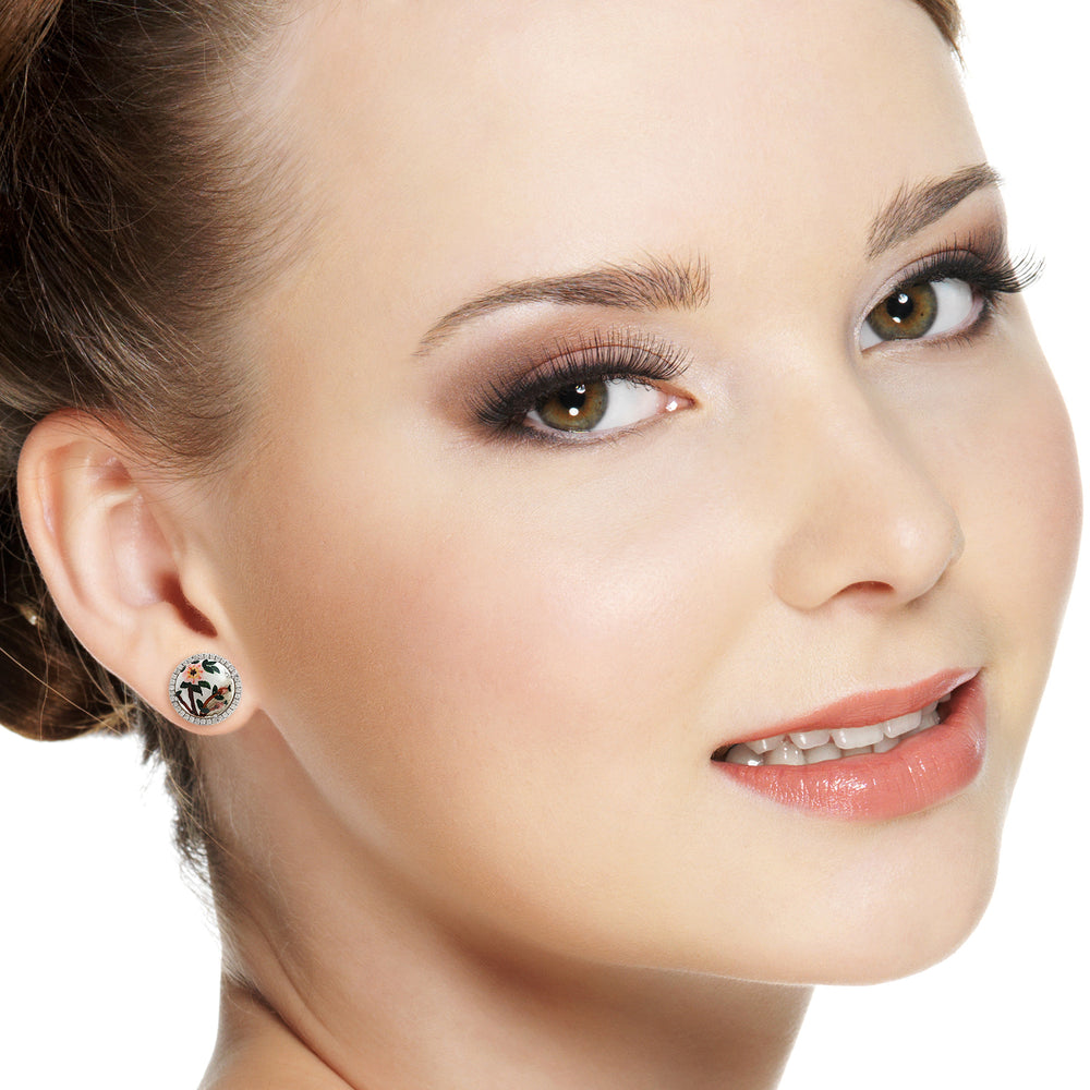 18K White Gold Pave Diamond Round Cut MOP Enamel Stud Earrings