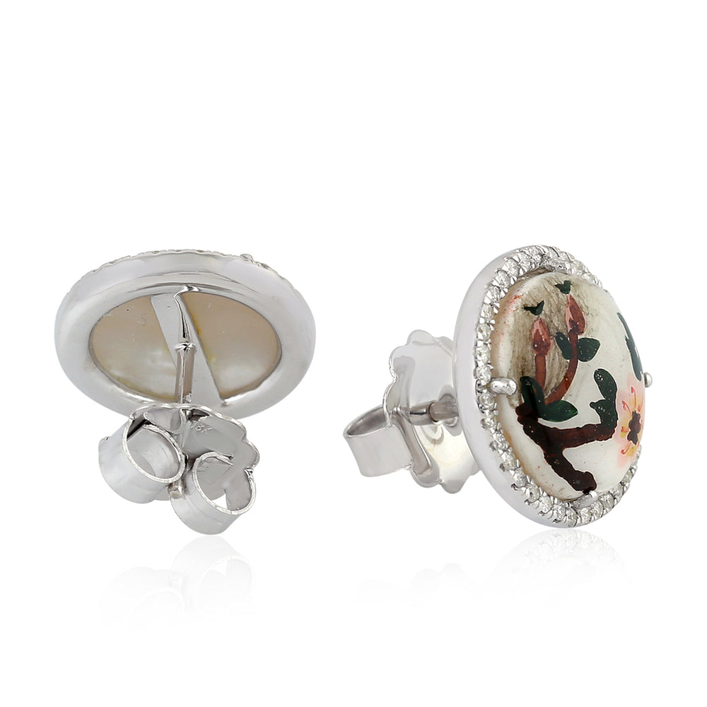 18K White Gold Pave Diamond Round Cut MOP Enamel Stud Earrings
