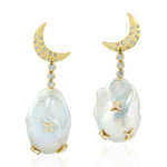 Crescent Moon Pave Diamond Pearl Chinese Nugget Danglers In 18k Yellow Gold