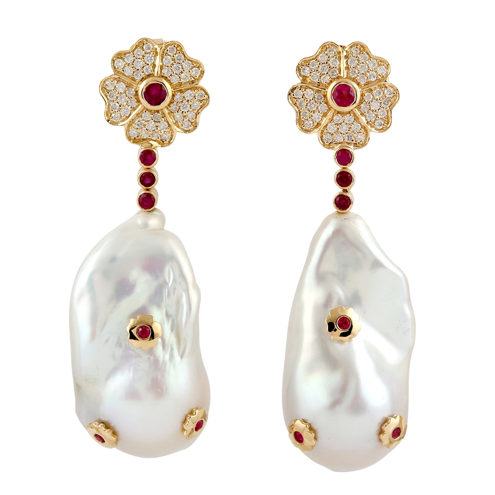 18k Yellow Gold Ruby Gemstone Diamond Pearl Flower Dangle Earrings Handmade Jewelry