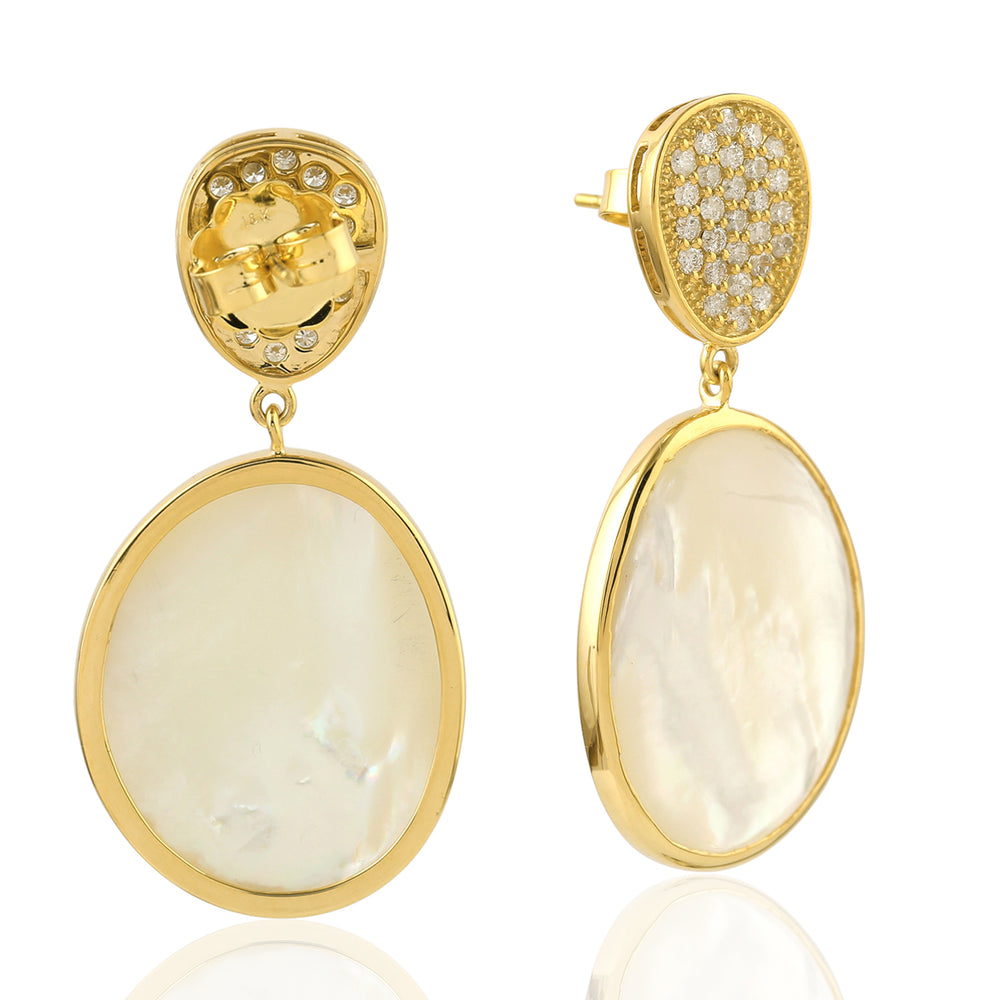 Oval Cut MOP Gemstone Pave Diamond Dangle Earrings In 18K Yellow Gold