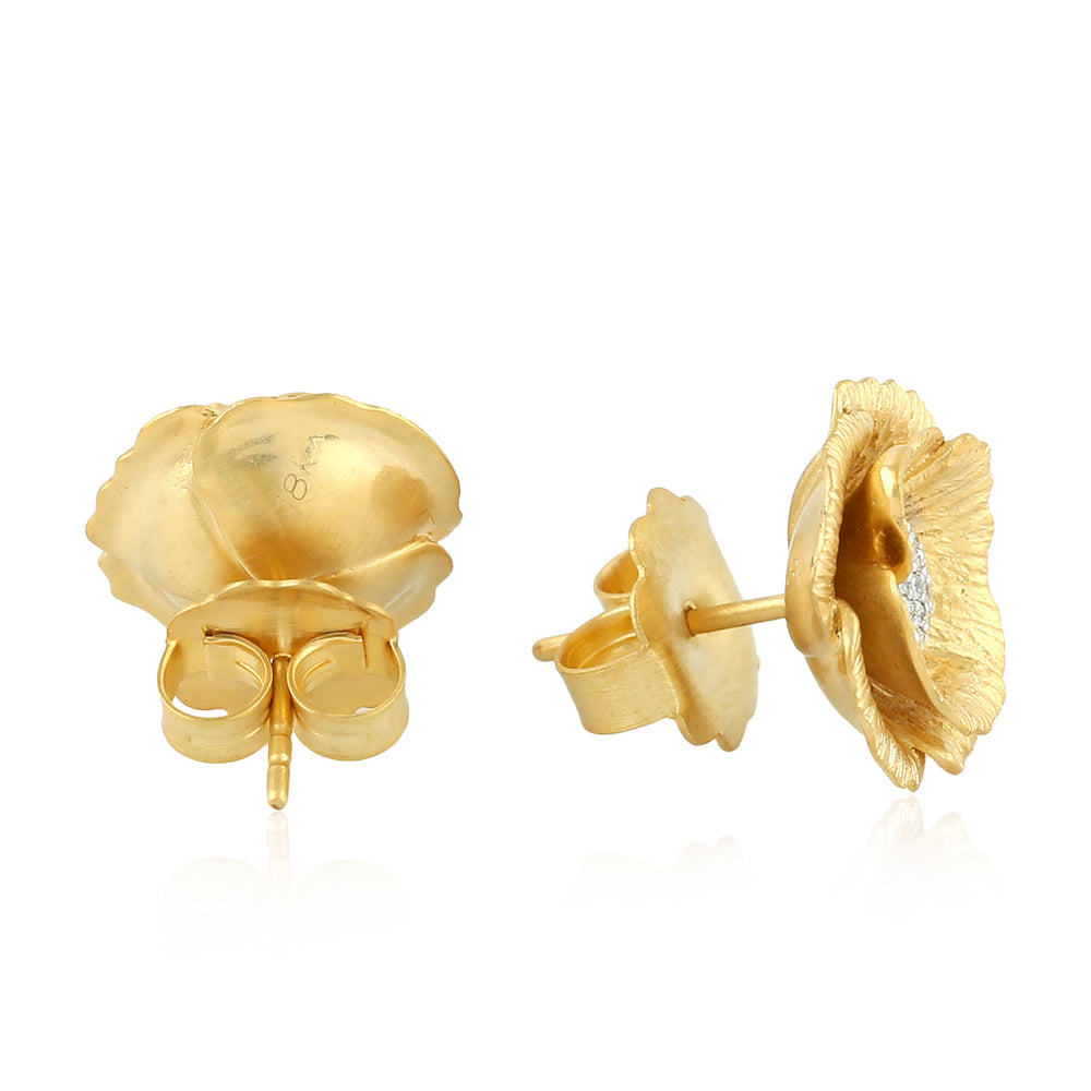 18K Yellow Gold Pave Diamond Carved Flower Design Stud Earrings
