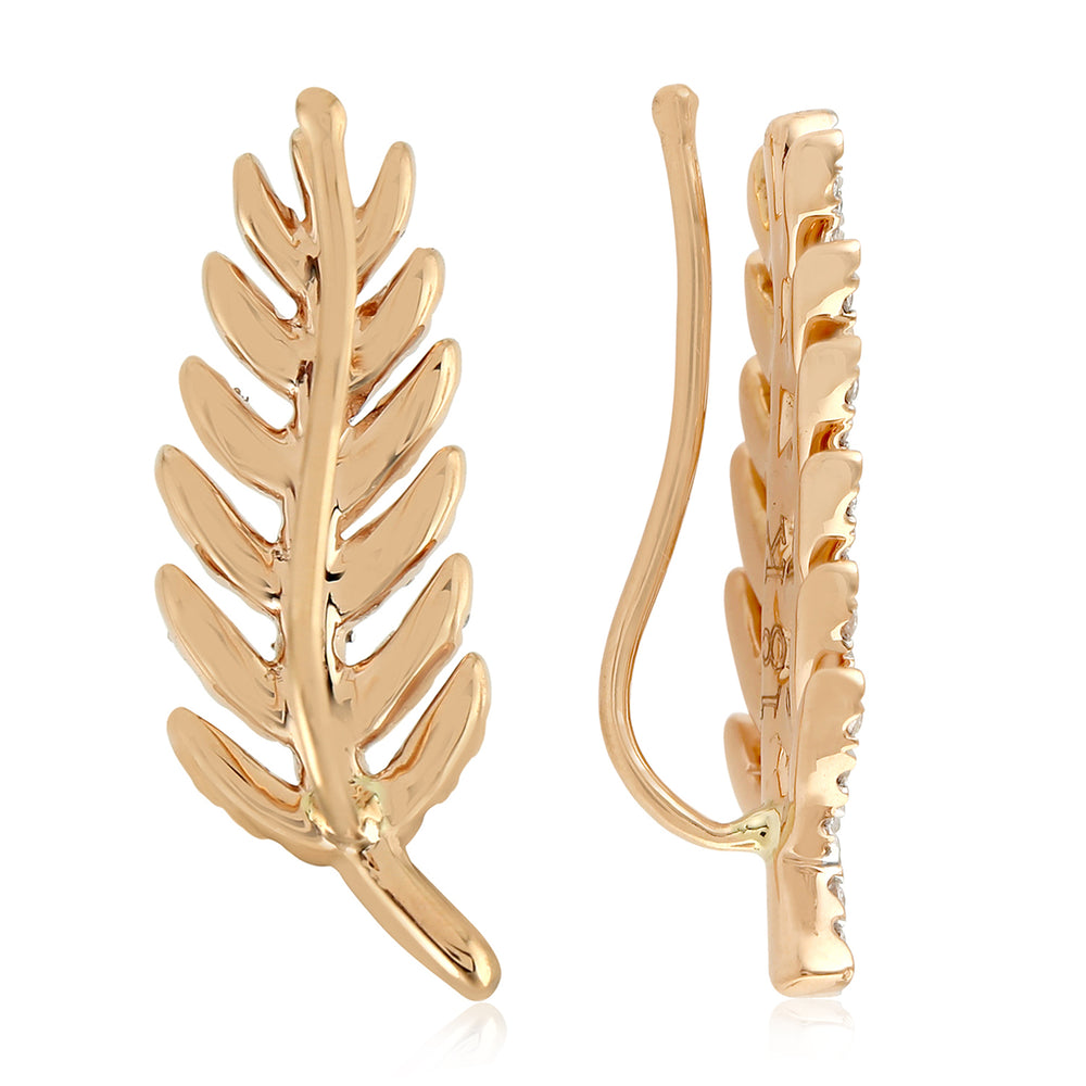 18K Rose Gold Micro Pave Diamond Handmade Leaf Design Ear Climber