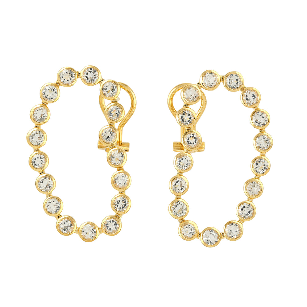 Bezel Set White Topaz Gemstone Unique Stud Earrings In Yellow Gold