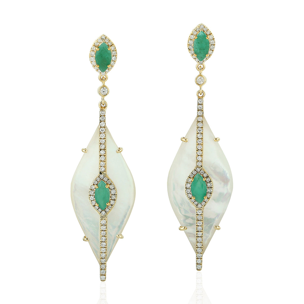 Marquise Cut MOP Prong Set Emerald Pave Diamond Designer Dangler In Gold