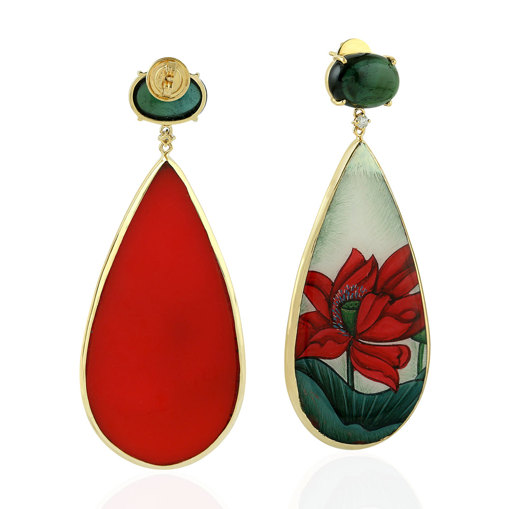 Picture Bakelite Oval Cut Green Tourmaline Prong Diamond Dangler In Yellow Gold