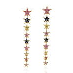 Multi Sapphire September Gemstone Rainbow Star Long Drop Earrings In Yellow Gold