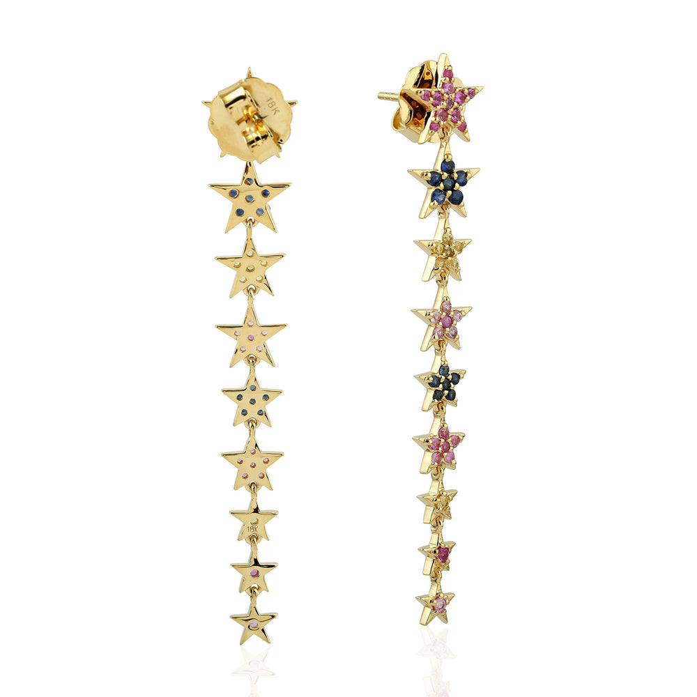 Multi Sapphire September Gemstone Rainbow Star Long Drop Earrings In Yellow Gold