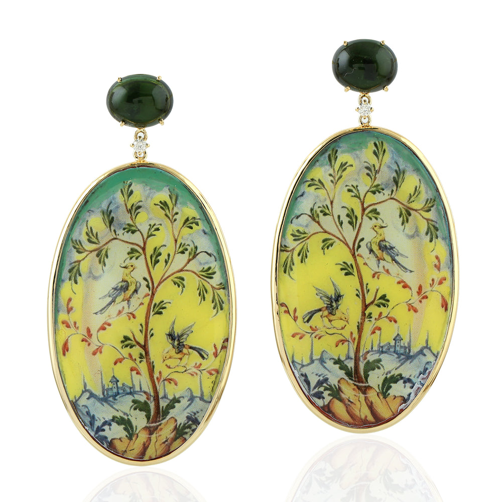 Oval Cut Green Tourmaline Prong Diamond Picture Bakelite Dangler In Yellow Gold