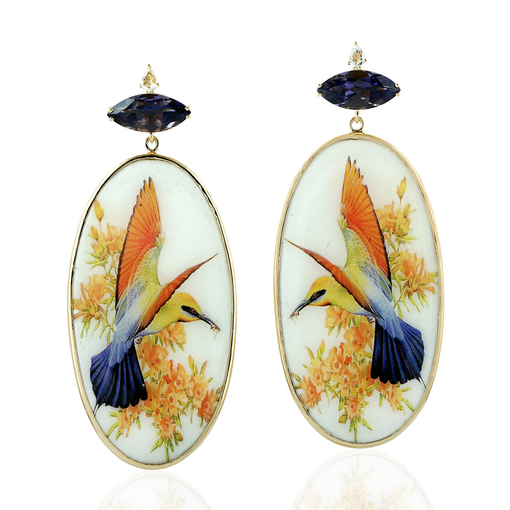 Marquise Cut Iolite Oval Cut MOP Prong Set Sapphire Picture Bakelite Dangler In Gold