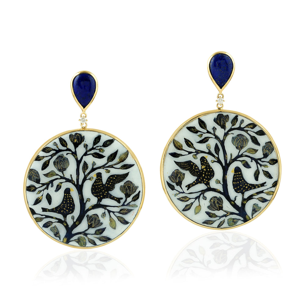 Bezel Set Lapis Prong Diamond Picture Bakelite Dangler In 18K Yellow Gold