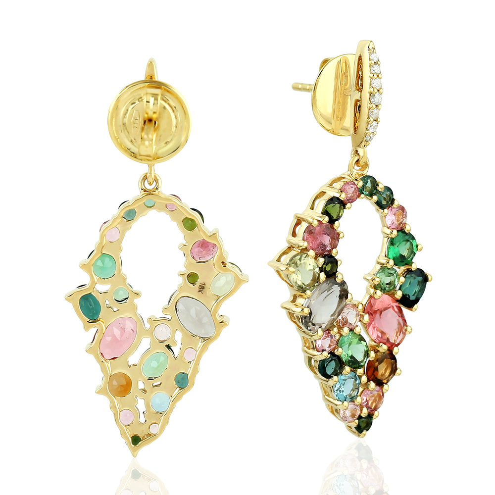 Multi Tourmaline Pave Diamond Unique Dangler In 18K Yellow Gold For Gifts