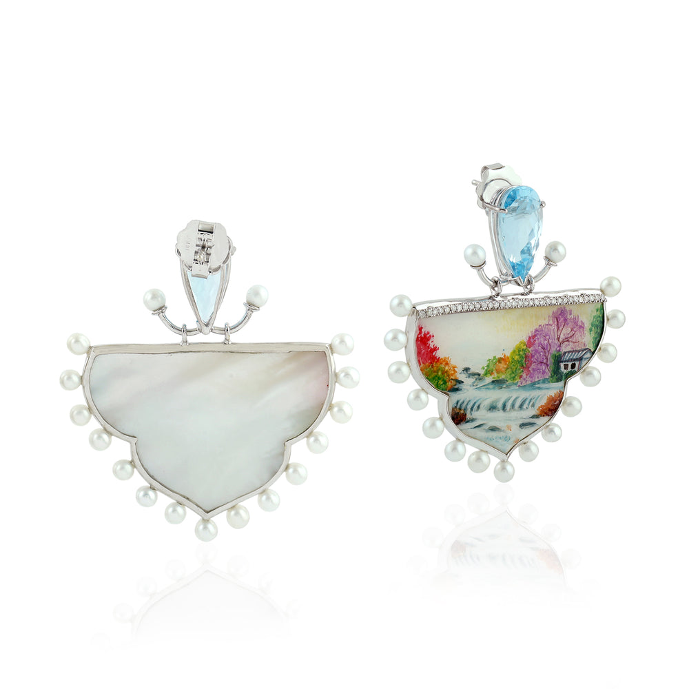 Fancy MOP Pear Cut Blue Topaz Beaded Pearl Pave Diamond Enamel Dangler In White Gold