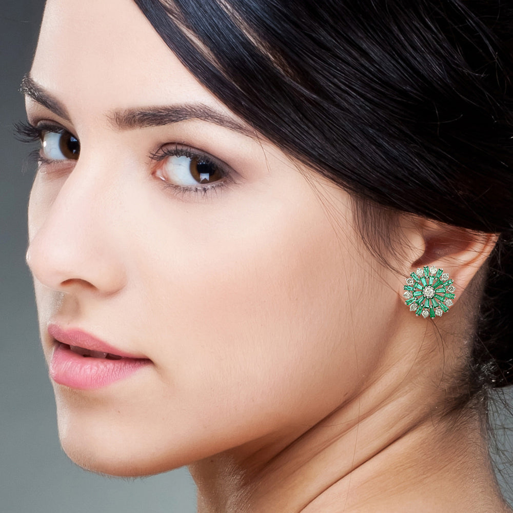 Baguette Cut Emerald Prong Set Diamond Designer Stud Earrings In White Gold