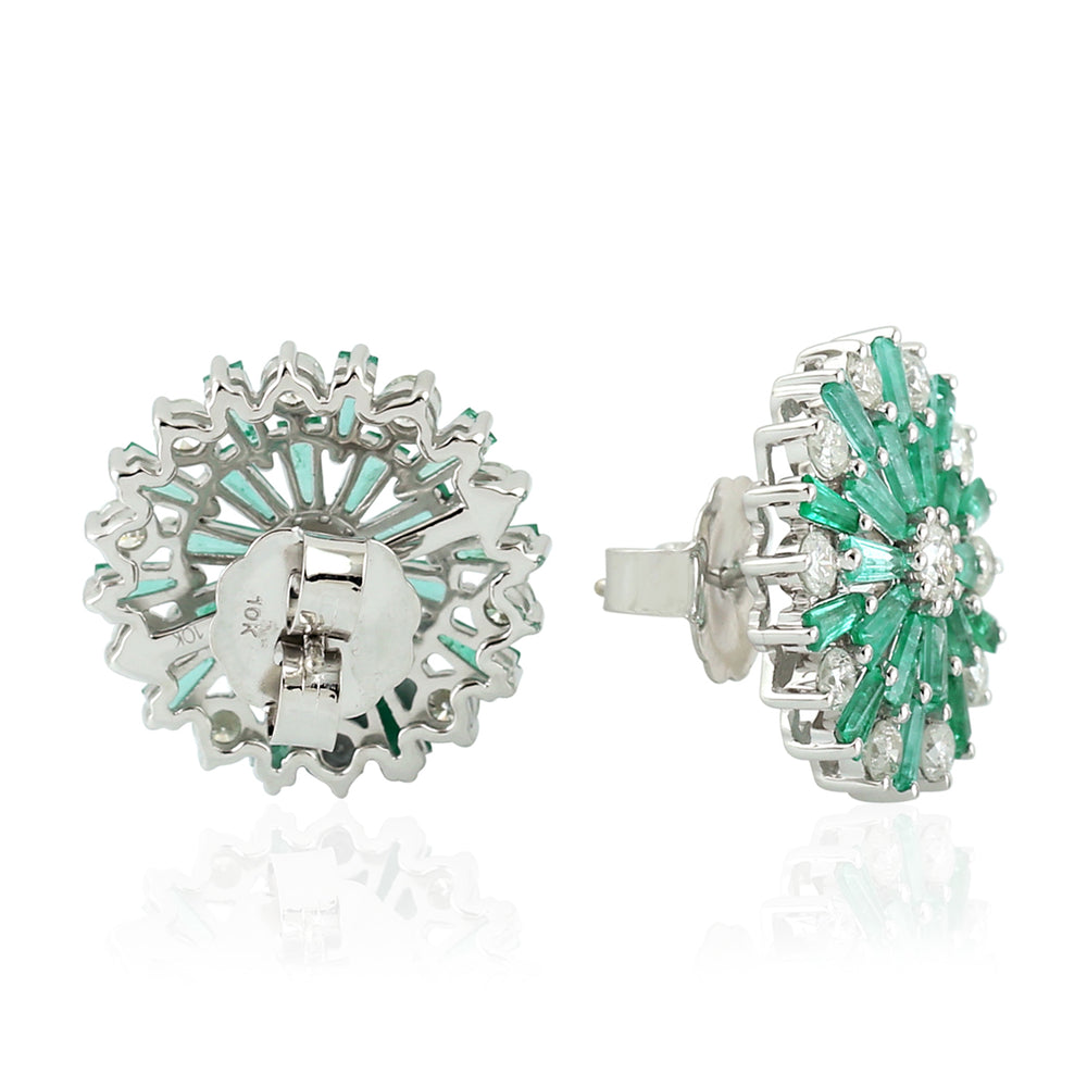 Baguette Cut Emerald Prong Set Diamond Designer Stud Earrings In White Gold
