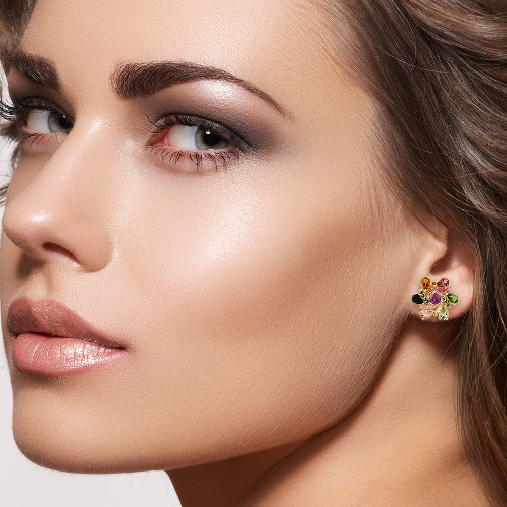 Multicolor Tourmaline Pear Cut Peridot Round Cut Amethyst Designer Stud In Gold