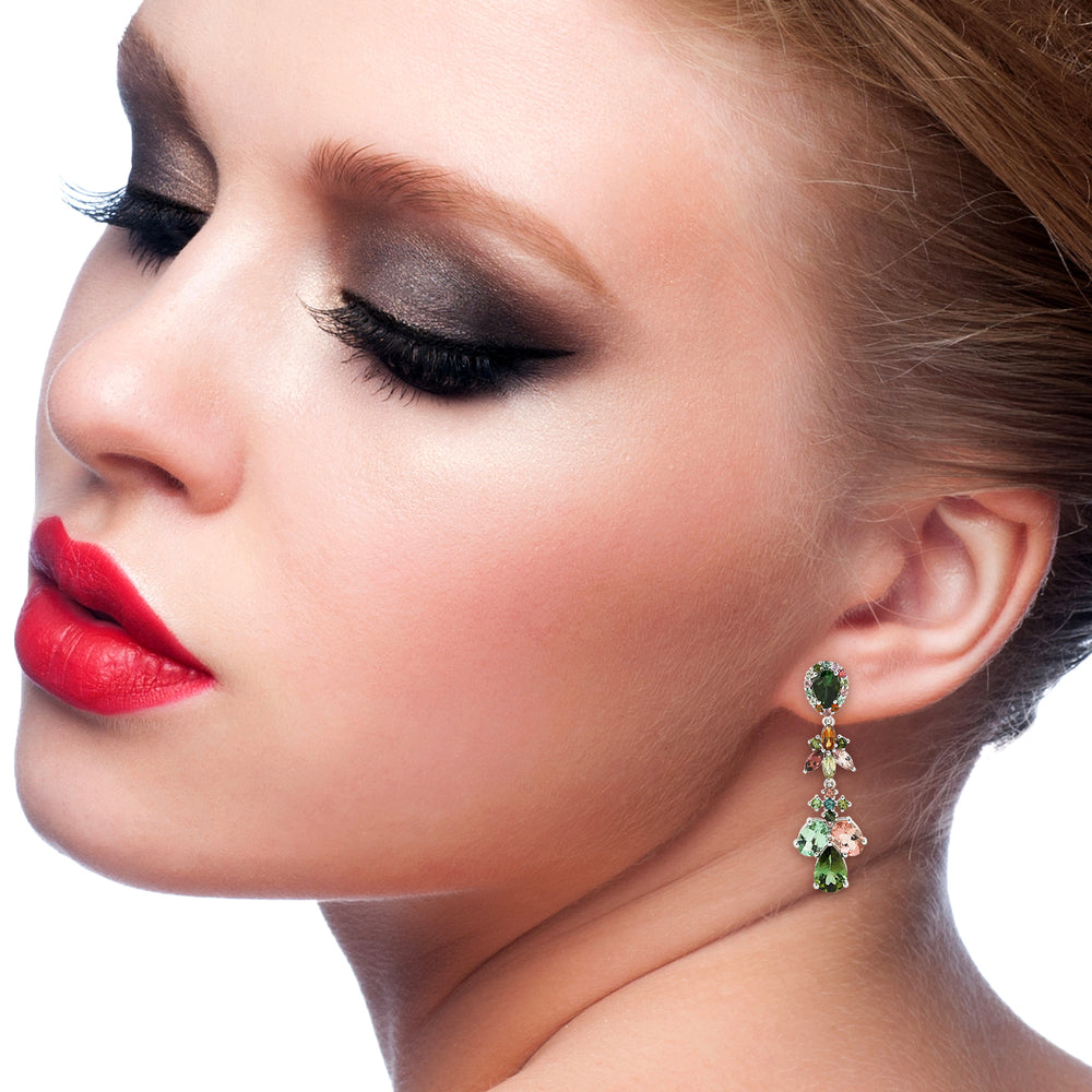 Rainbow Color Tourmaline Beautiful Dangle Earrings In 18K White Gold