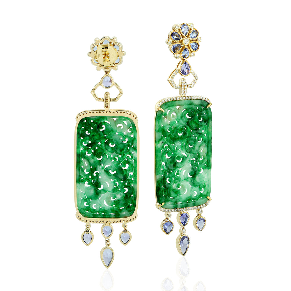 18k Yellow Gold Carving Jade Pear Tanzanite Prong Diamond Handmade Designer Earrings