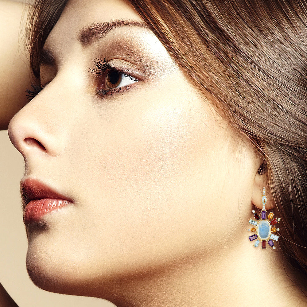 Oval Cut Moonstone Baguette Blue Topaz Multi Gemstone Pave Diamond Dangler In Gold