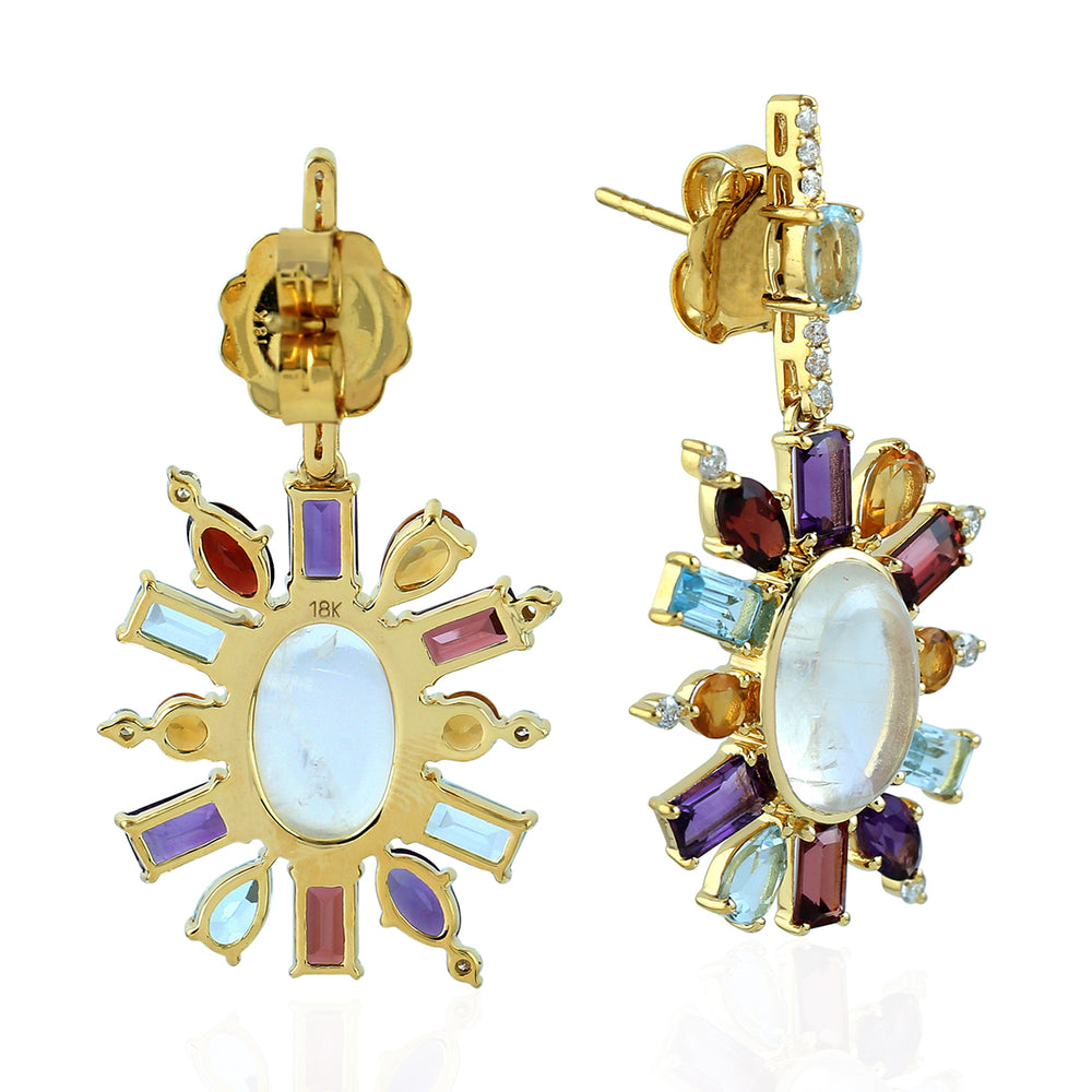 Oval Cut Moonstone Baguette Blue Topaz Multi Gemstone Pave Diamond Dangler In Gold
