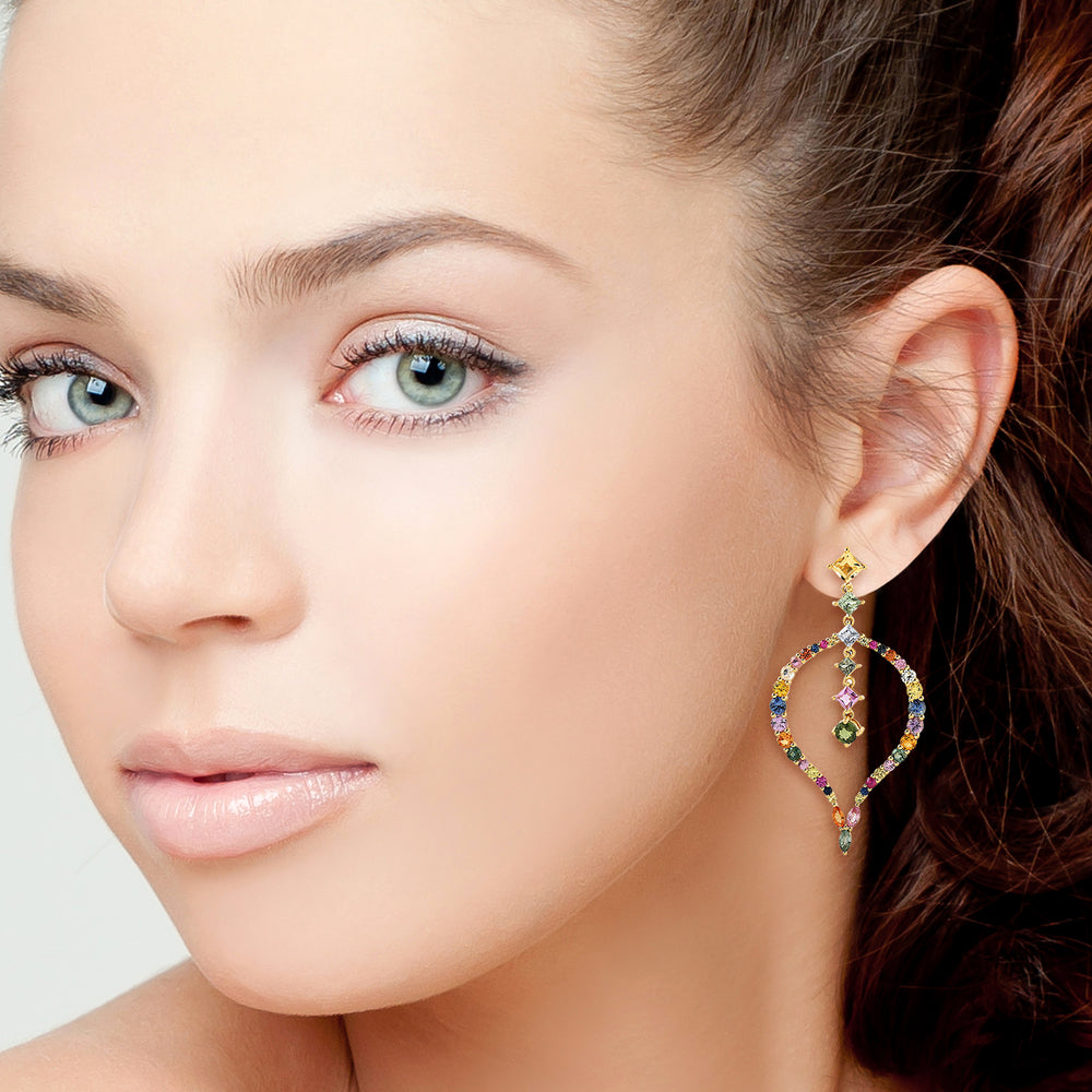 Rainbow Color Sapphire Gemstone Prong Citrine Drop Dangler In 18K Yellow Gold