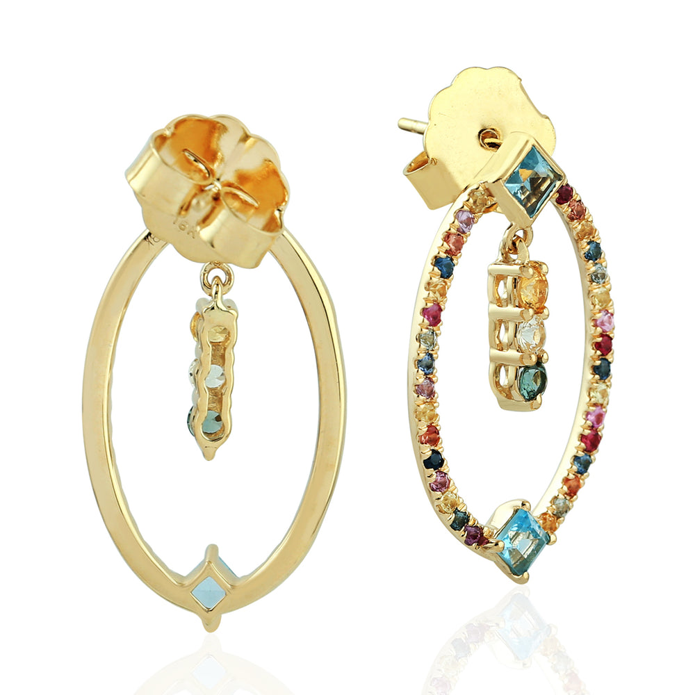 Multicolor Sapphire Square Cut Blue Topaz Gemstone Beautiful Dangler In Gold