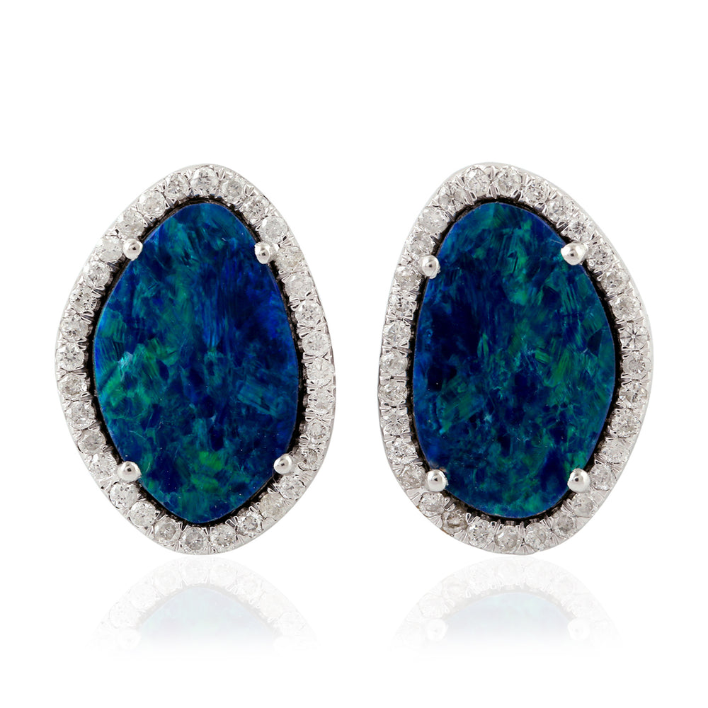 Made In 18K White Gold Cabouchon Opal Doublet Micro Pave Diamond Stud Earrings Jewelry