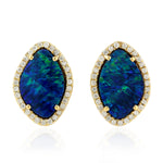 Natural Opal Doublet Prong Diamond Stud Earrings 18K Yellow Gold Jewelry For Her