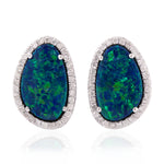 Cabouchon Opal Doublet Micro Pave Diamond Stud Earrings Made In 18K White Gold