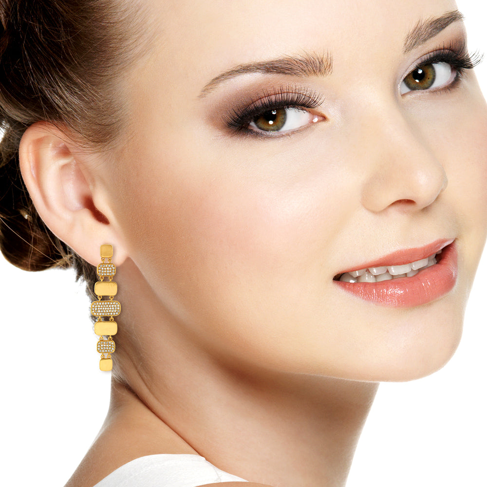 18K Yellow Gold Micro Pave Diamond Designer Dangle Earrings For Her